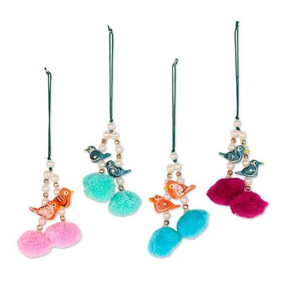 Alternate image for 4 Bird-Themed Wood Beaded Ornaments with Acrylic Pom-Poms Songs for the Holidays