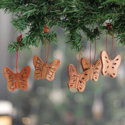 Primary image for 5 Butterfly-Themed Hand-Carved Wooden Christmas Ornaments Blissful Flutter