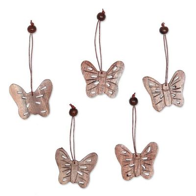 Alternate image for 5 Butterfly-Themed Hand-Carved Wooden Christmas Ornaments Blissful Flutter