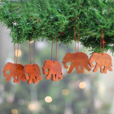 Primary image for 5 Hand-Carved Wood Christmas Ornaments with Elephant Motif Elephant Enchantment