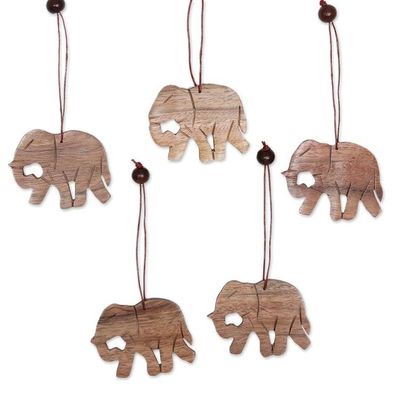 Alternate image for 5 Hand-Carved Wood Christmas Ornaments with Elephant Motif Elephant Enchantment