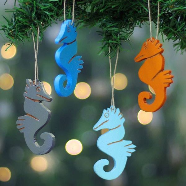 Alternate image for 4 Seahorse-Themed Hand-Painted Wood Christmas Ornaments Seahorse Splendor