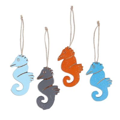 Alternate image for 4 Seahorse-Themed Hand-Painted Wood Christmas Ornaments Seahorse Splendor
