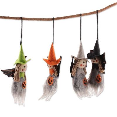 Alternate image for Set of 4 Handmade Halloween-Themed Wool Felt Witch Ornaments Witch Girls