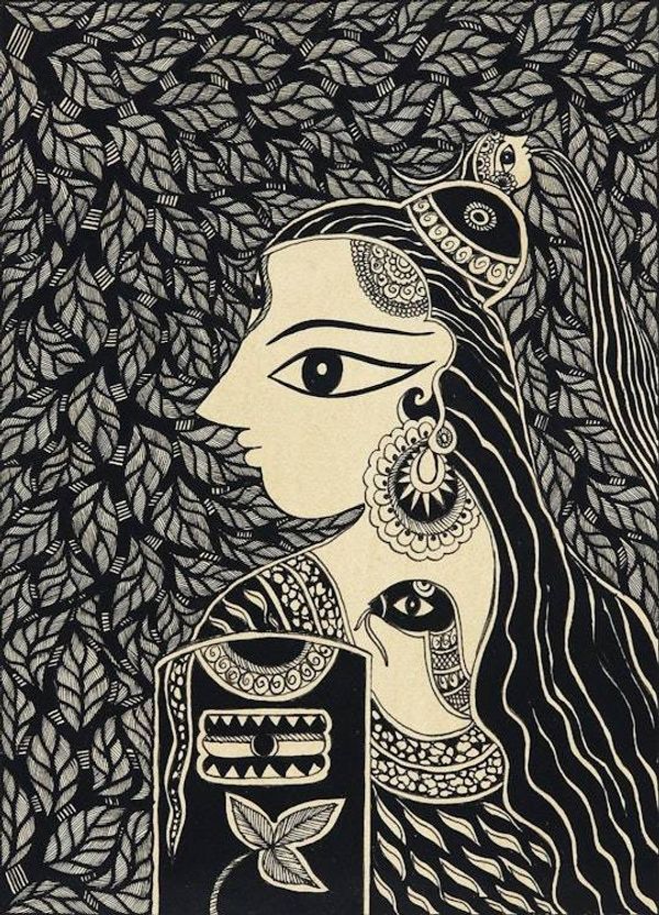 Alternate image for Black and White Madhubani Painting of Shiva from India The Powerful Lord Shiva