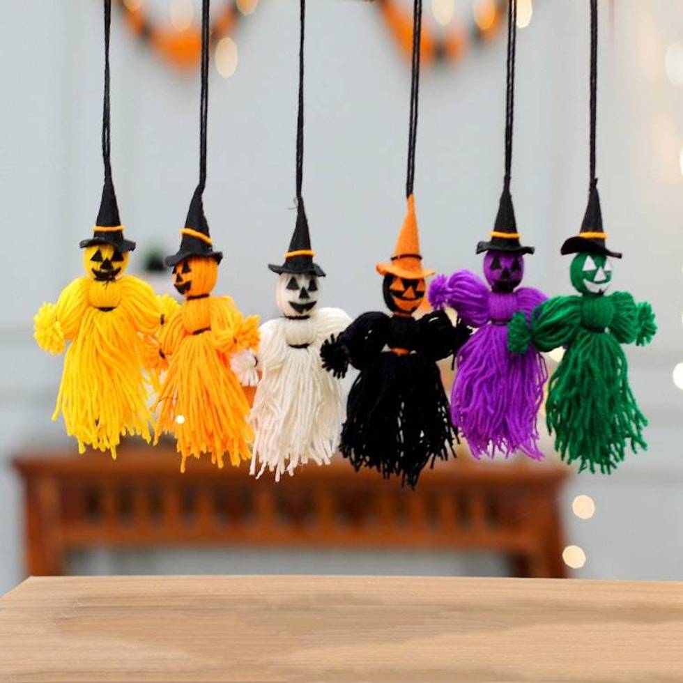 Set of 6 Handcrafted Wool Witch Scarecrow-Themed Ornaments 'Scarecrow Witches'