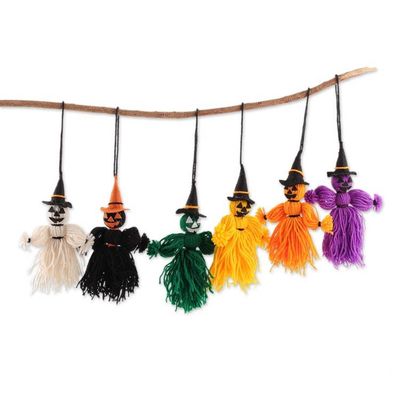 Alternate image for Set of 6 Handcrafted Wool Witch Scarecrow-Themed Ornaments Scarecrow Witches