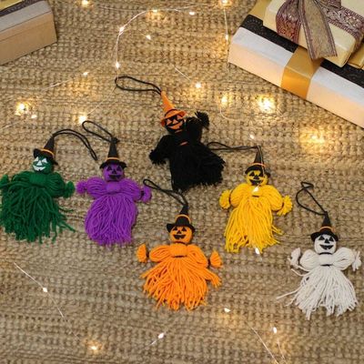 Alternate image for Set of 6 Handcrafted Wool Witch Scarecrow-Themed Ornaments Scarecrow Witches