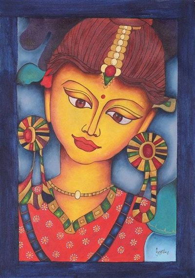 Primary image for Signed Expressionist Painting of Radha from India Alluring Radha