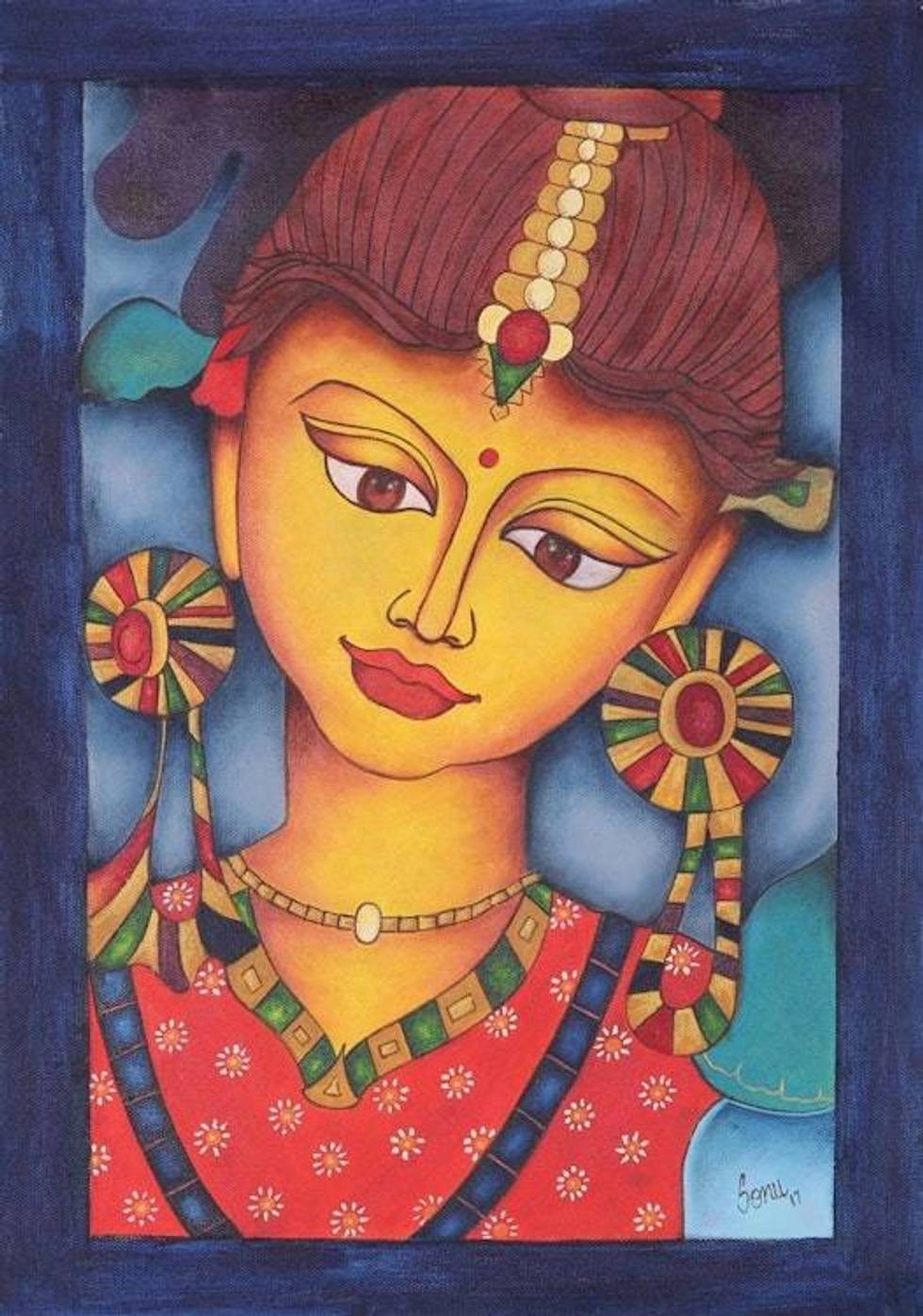 Signed Expressionist Painting of Radha from India 'Alluring Radha'
