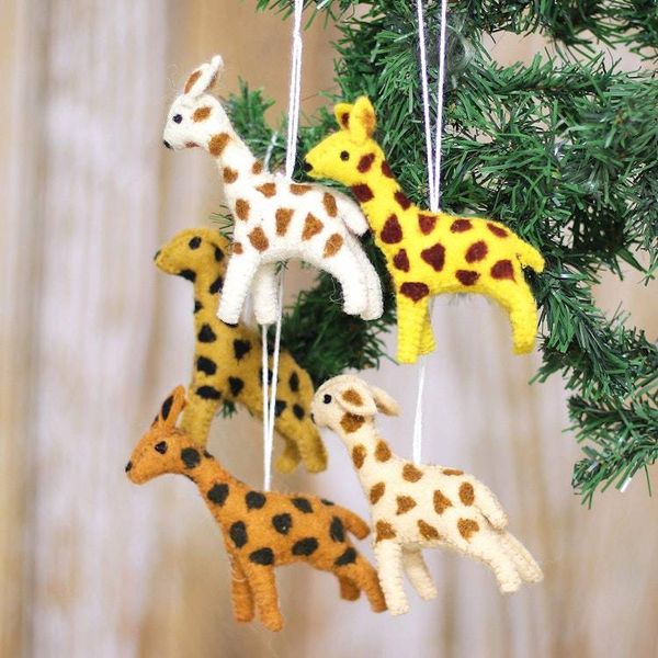 Alternate image for Set of Five Warm-Toned Wool and Cotton Giraffe Ornaments Giraffe Realm