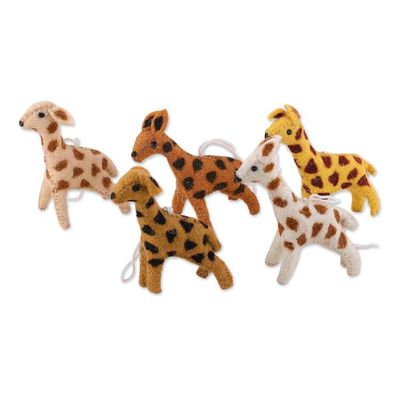 Alternate image for Set of Five Warm-Toned Wool and Cotton Giraffe Ornaments Giraffe Realm