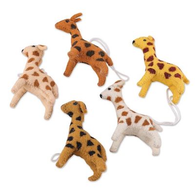Alternate image for Set of Five Warm-Toned Wool and Cotton Giraffe Ornaments Giraffe Realm