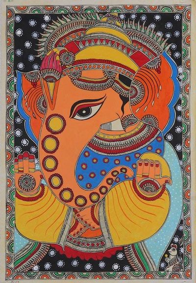 Primary image for Madhubani Painting of Elephant-Headed Indian God Ganesha Divine Grace of Ganesha
