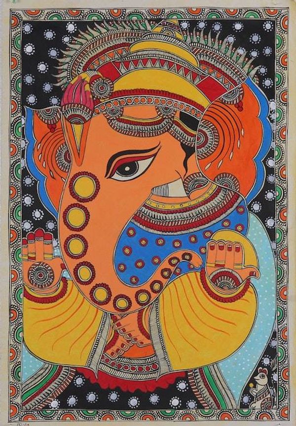 Alternate image for Madhubani Painting of Elephant-Headed Indian God Ganesha Divine Grace of Ganesha