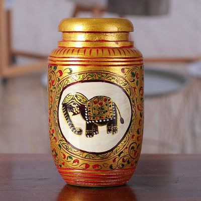 Alternate image for Classic Elephant-Themed Golden Kadam Wood Pen Holder Glory of the Jungle