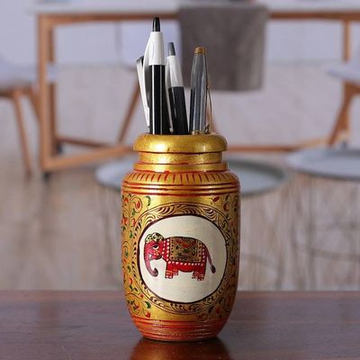 Alternate image for Classic Elephant-Themed Golden Kadam Wood Pen Holder Glory of the Jungle