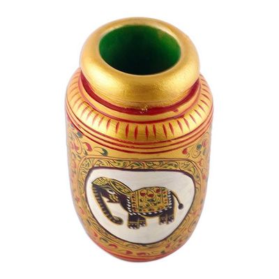 Alternate image for Classic Elephant-Themed Golden Kadam Wood Pen Holder Glory of the Jungle