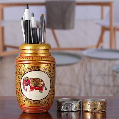 Alternate image for Classic Elephant-Themed Golden Kadam Wood Pen Holder Glory of the Jungle