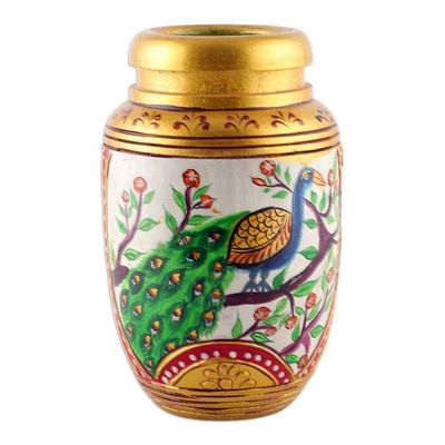 Alternate image for Classic Peacock-Themed Golden Kadam Wood Pen Holder Glimpse into Paradise