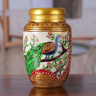 Alternate image for Classic Peacock-Themed Golden Kadam Wood Pen Holder Glimpse into Paradise
