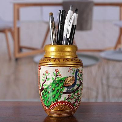 Alternate image for Classic Peacock-Themed Golden Kadam Wood Pen Holder Glimpse into Paradise
