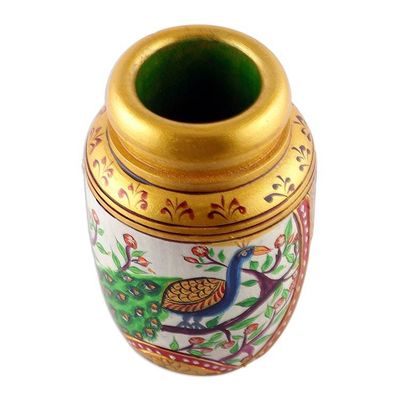 Alternate image for Classic Peacock-Themed Golden Kadam Wood Pen Holder Glimpse into Paradise