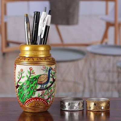 Alternate image for Classic Peacock-Themed Golden Kadam Wood Pen Holder Glimpse into Paradise