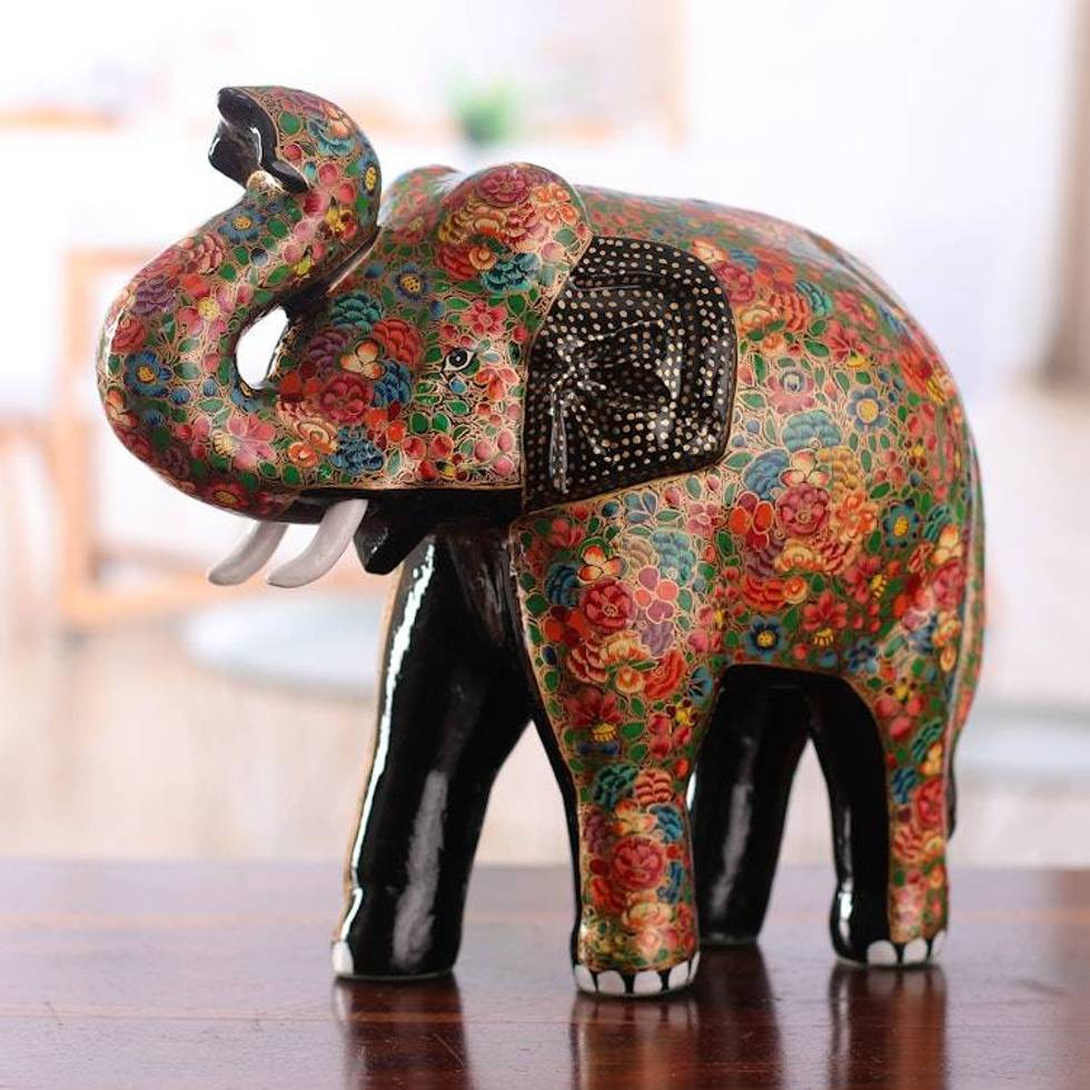 Hand-Painted Floral Papier Mache and Wood Elephant Sculpture 'Arcadian Elephant'
