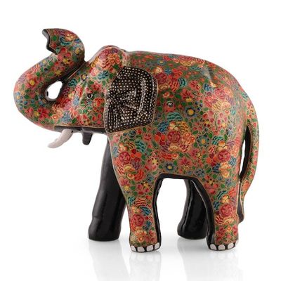 Alternate image for Hand-Painted Floral Papier Mache and Wood Elephant Sculpture Arcadian Elephant