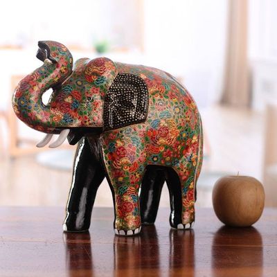 Alternate image for Hand-Painted Floral Papier Mache and Wood Elephant Sculpture Arcadian Elephant