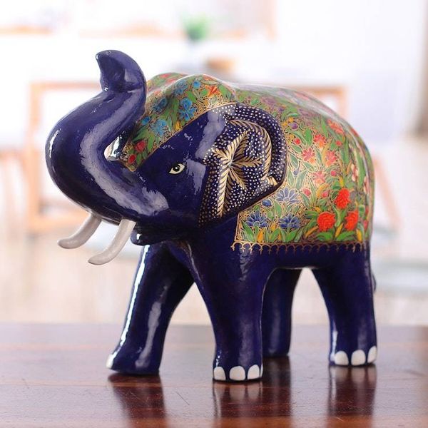 Alternate image for Classic Royal Elephant-Themed Blue and Golden Wood Sculpture Royal Idol