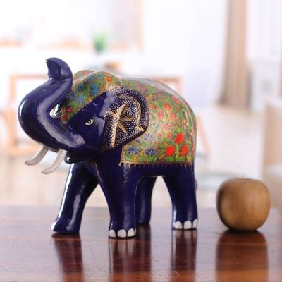 Alternate image for Classic Royal Elephant-Themed Blue and Golden Wood Sculpture Royal Idol