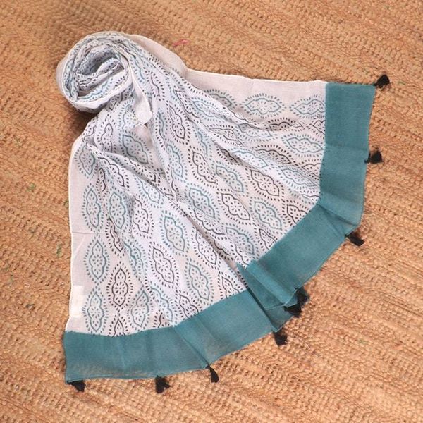 Alternate image for Block-Printed Green White Black Cotton Shawl with Tassels Creative Essence