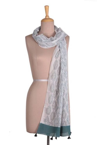 Alternate image for Block-Printed Green White Black Cotton Shawl with Tassels Creative Essence