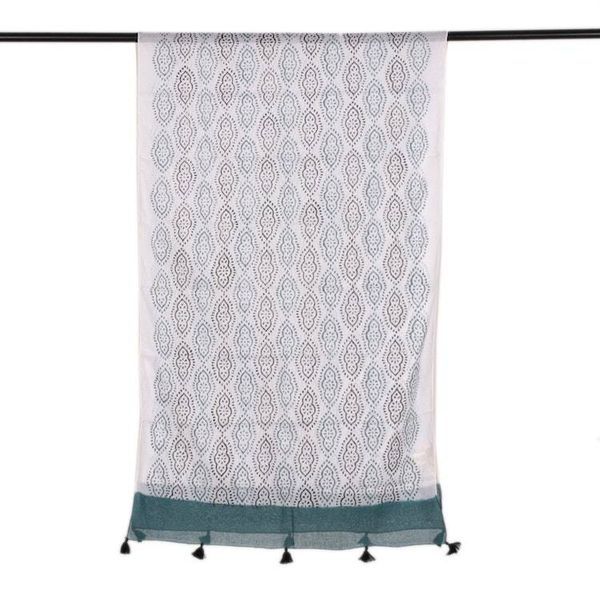 Alternate image for Block-Printed Green White Black Cotton Shawl with Tassels Creative Essence