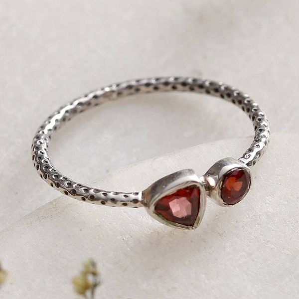Alternate image for Dot-Accented Sterling Silver and Natural Garnet Band Ring Scarlet Duo
