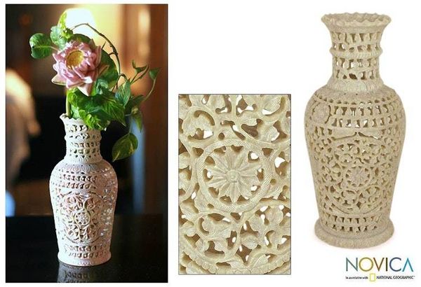 Alternate image for Fair Trade Soapstone Vase Decorative Hand Crafted Floral Honor