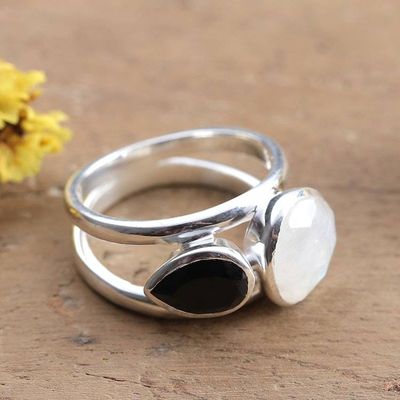 Alternate image for High-Polished Rainbow Moonstone and Black Onyx Cocktail Ring Glorious Unity