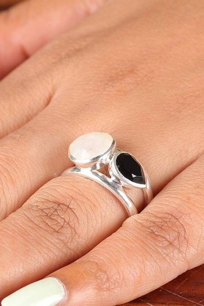 Alternate image for High-Polished Rainbow Moonstone and Black Onyx Cocktail Ring Glorious Unity