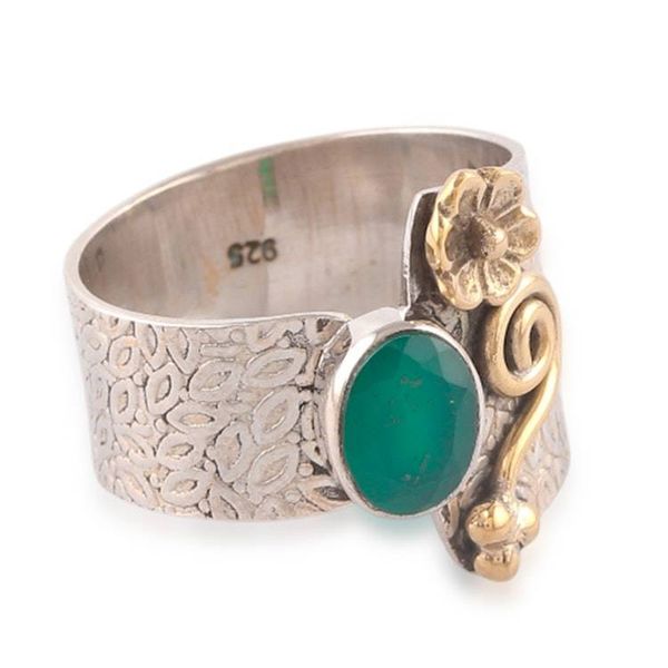 Alternate image for Green Onyx Silver Cocktail Ring with Brass Floral Accent Garden Splendor