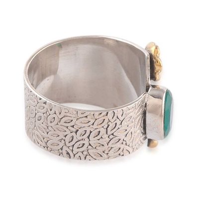 Alternate image for Green Onyx Silver Cocktail Ring with Brass Floral Accent Garden Splendor