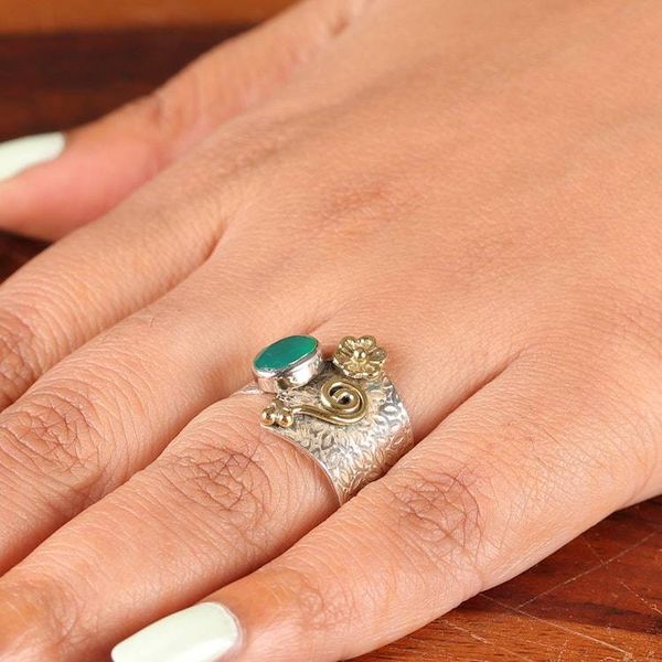 Alternate image for Green Onyx Silver Cocktail Ring with Brass Floral Accent Garden Splendor