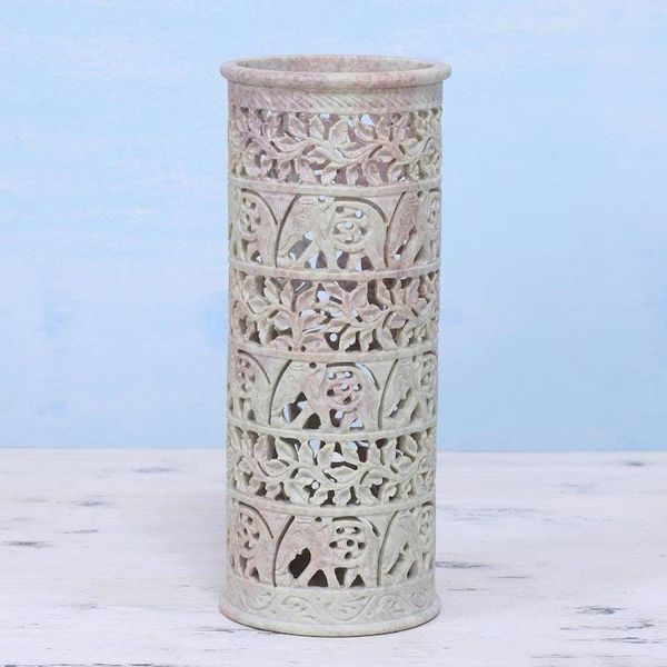 Alternate image for Handcrafted Natural Soapstone Decorative Vase Elephant Jungle