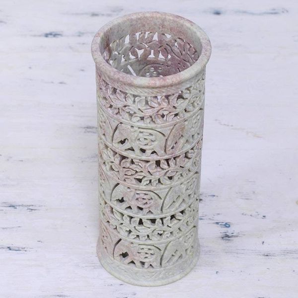 Alternate image for Handcrafted Natural Soapstone Decorative Vase Elephant Jungle