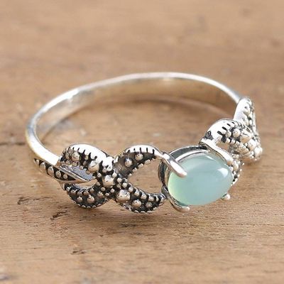 Primary image for Folk Art-Inspired Chalcedony Cabochon Single Stone Ring Gleaming Aqua