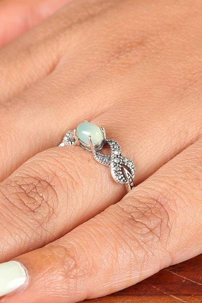 Alternate image for Folk Art-Inspired Chalcedony Cabochon Single Stone Ring Gleaming Aqua