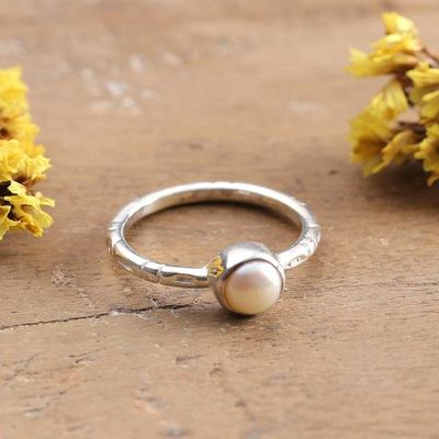 Primary image for Cultured Pearl Silver Solitaire Ring with Textured Band Luminous Moon