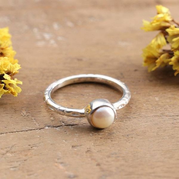 Alternate image for Cultured Pearl Silver Solitaire Ring with Textured Band Luminous Moon