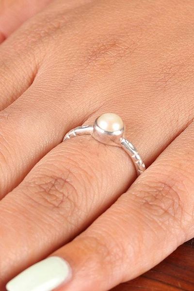 Alternate image for Cultured Pearl Silver Solitaire Ring with Textured Band Luminous Moon